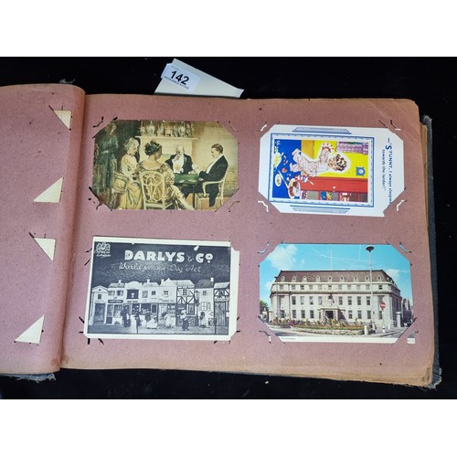 142 - A wonderful antique post card album containing Italian, British and Irish examples. Approx 70% full.