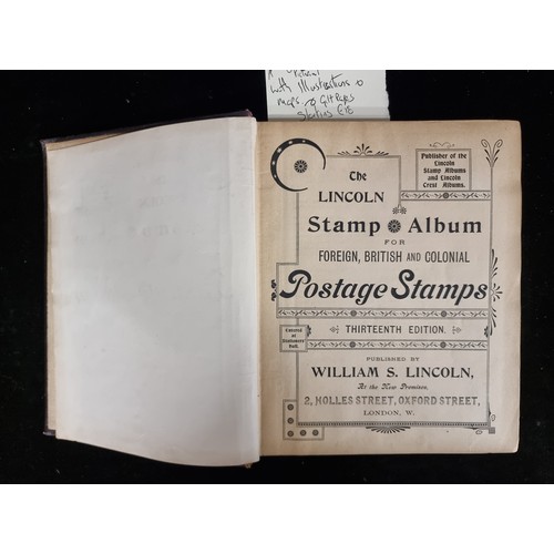 321 - A lovely antique stamp album with pictural illustrations and maps with gilt edge. A few old stamps b... 