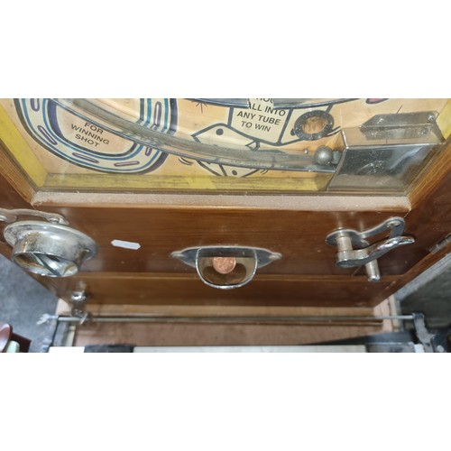 616 - Star Lot : A fantastic vintage  highly enjoyable oak penny arcade wall mounted pinball machine, work... 