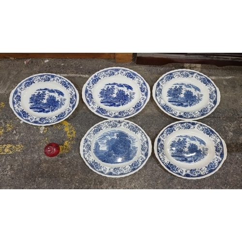 657 - Five ornate Royal Tudor ware blue and white ceramic serving plates, in the Olde England pattern feat... 