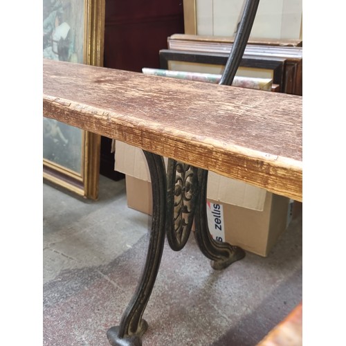 668 - Star Lot : A fabulous Large 3 meter antique Railway station bench, with heavy cast iron legs and sol... 