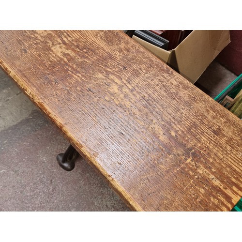 668 - Star Lot : A fabulous Large 3 meter antique Railway station bench, with heavy cast iron legs and sol... 