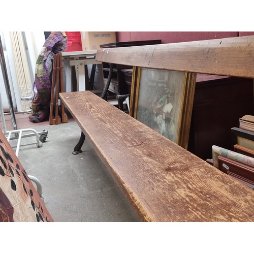 668 - Star Lot : A fabulous Large 3 meter antique Railway station bench, with heavy cast iron legs and sol... 