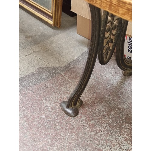 668 - Star Lot : A fabulous Large 3 meter antique Railway station bench, with heavy cast iron legs and sol... 