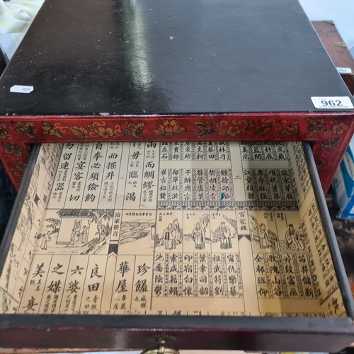 962 - Ornate Chinese cabinet, red lacquer with gold leaf butterflies and florals, brass hardware, imbued w... 