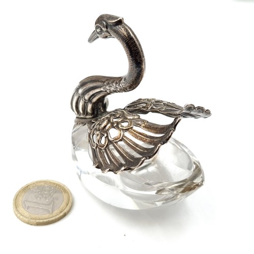 56 - A sterling silver glass based Swan figure with articulated wings. For use as a salt crate - Finely d... 