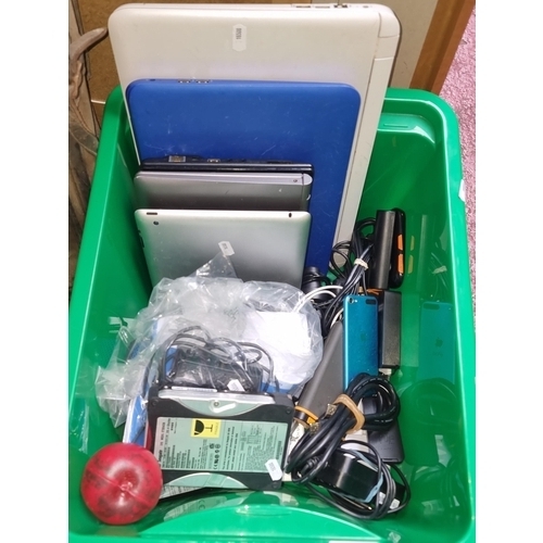 990 - A box containing an assortment of tech items. Including four laptops some Acer and Hp examples, two ... 