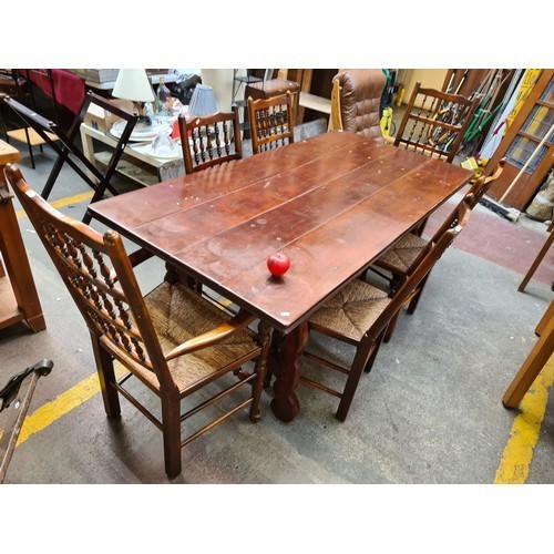 999 - Star Lot : A fabulous country kitchen wide plank table with 6 high back Sugan chairs. really lovey s... 