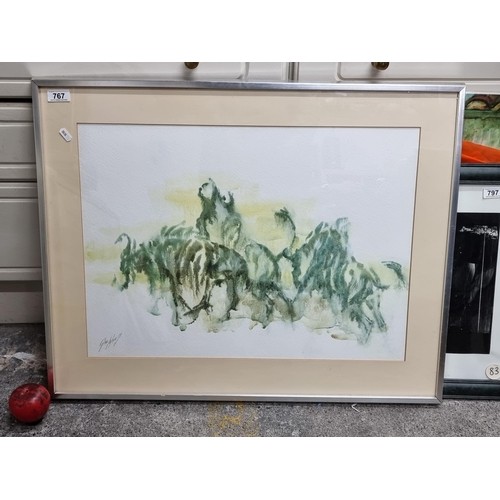 1000 - Star Lot: A stunning original Gill Wiles (British, b. 1942) ink on paper painting. Featuring a herd ... 