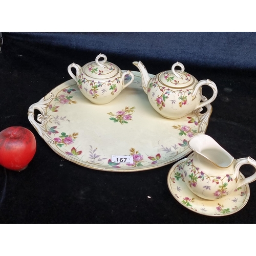 167 - A wonderful hand painted vintage five piece tea set. Including a serving tray, teapot, sugar bowl, c... 