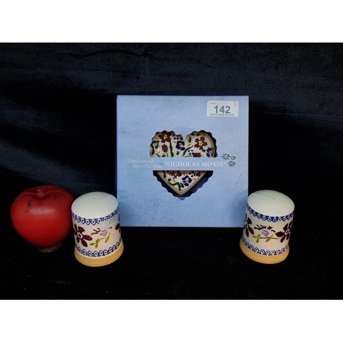 142 - Three piece of Handmade Nicholan Mosse Pottery, Including a Heart shaped sweet dish, and a salt and ... 