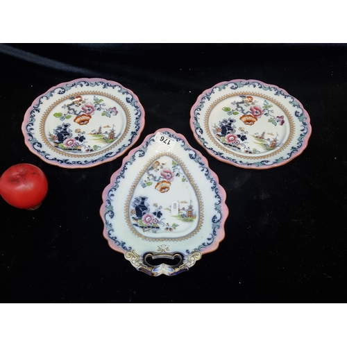 176 - Three pieces of beautiful antique porcelain including two matching Chinese themed plates with dragon... 