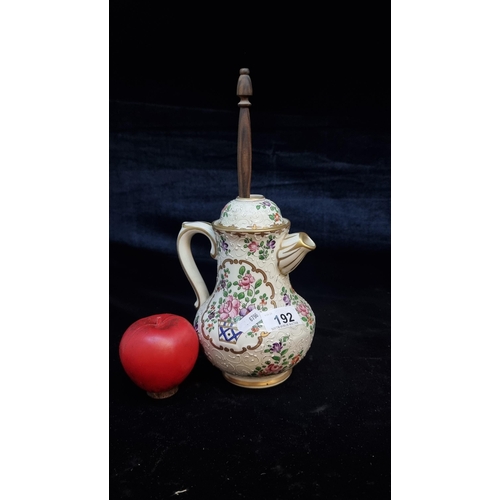 192 - A beautiful antique Hot Chocolate pot with wooden Moussoire / mixing rod. Features hand painted flor... 