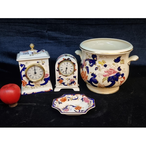 205 - Four beautiful Masons  Blue mandalay Iron stone ceramic items including two mantel clocks, a large p... 