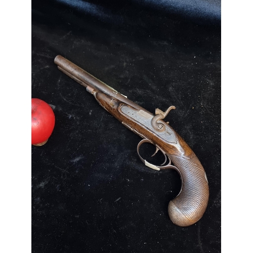 207 - Star Lot : A fine original  antique double barrel flintlock howdah pistol converted to percussion. D... 