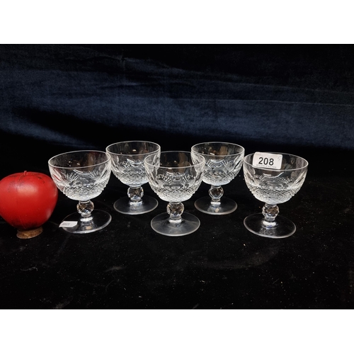 208 - Five pretty cut antique crystal short stemmed drinking glasses. Unmarked and in good condition.