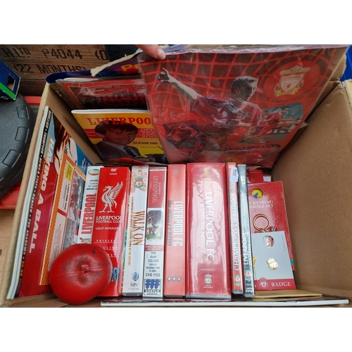 942 - A Big box of Liverpool magazines DVDS, Videos and other club items