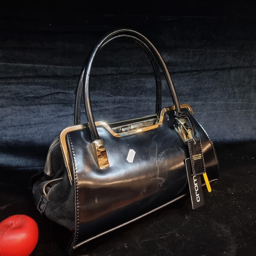 235 - A stylish new with tags Italian designer Cromia black patent leather large handbag with brass hardwa... 