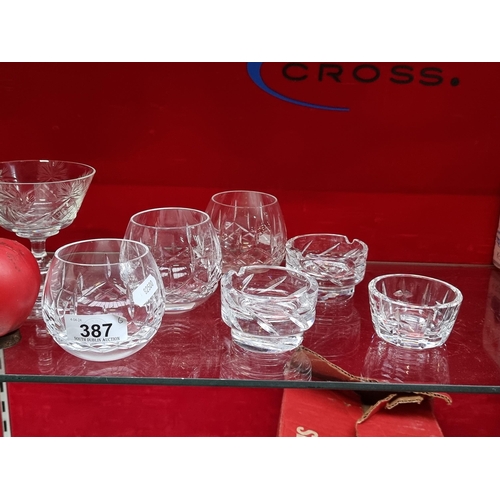 387 - Three very tactile bowl style cut crystal Whiskey glasses and three candle  holders inc 2 Waterford ... 