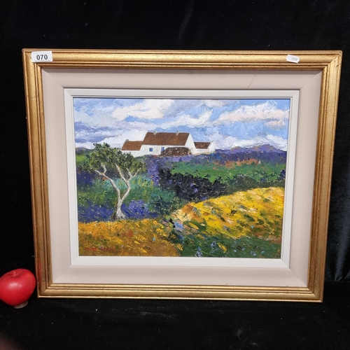 70 - A brilliant oil on board painting. Features a vivid landscape scene rendered in thick impasto brushs... 