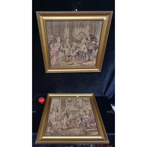 71 - A pair of 19th century tapestries featuring elegant ladies and gentlemen in  interior scenes. More r... 