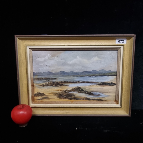 72 - An accomplished oil on board painting featuring a coastal landscape scene with blue grey mountains. ... 