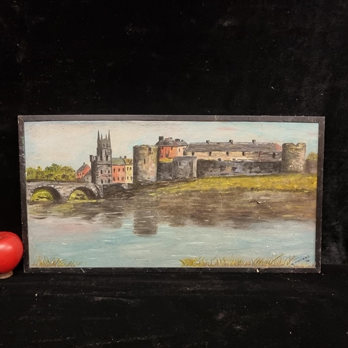 78 - A naive oil on board painting. Features a medieval town with round towers. Signed 'G O'Rorke' and da... 