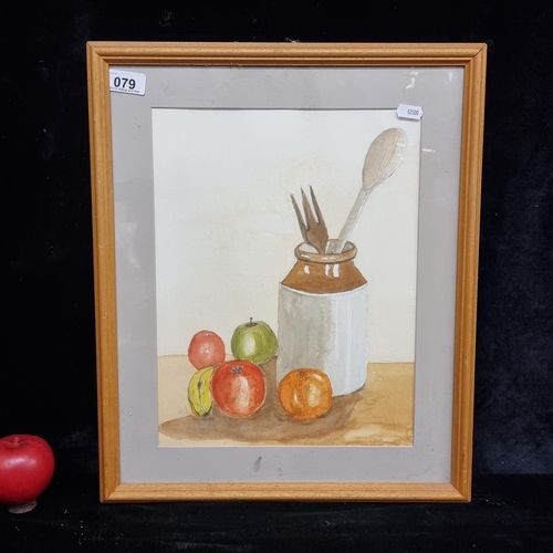 79 - An original watercolour paper on painting. Features a still life with fruit and stoneware vase. Hous... 