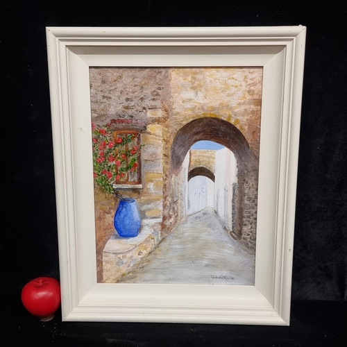 80 - A bright original oil on board painting. Features a Mediterranean scene with brightly lit path. Sign... 