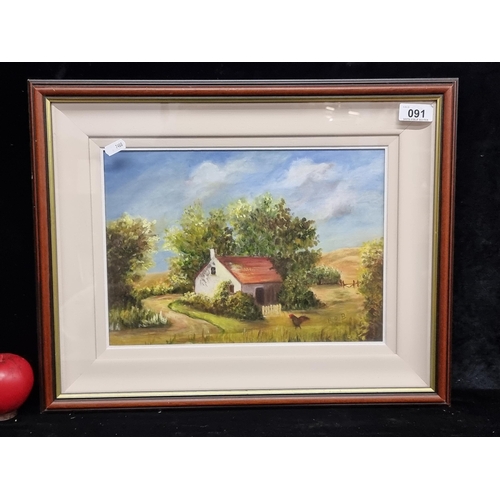 91 - An original Oil on board painting titled ' Country Cottage' features the titular scene in a rural la... 