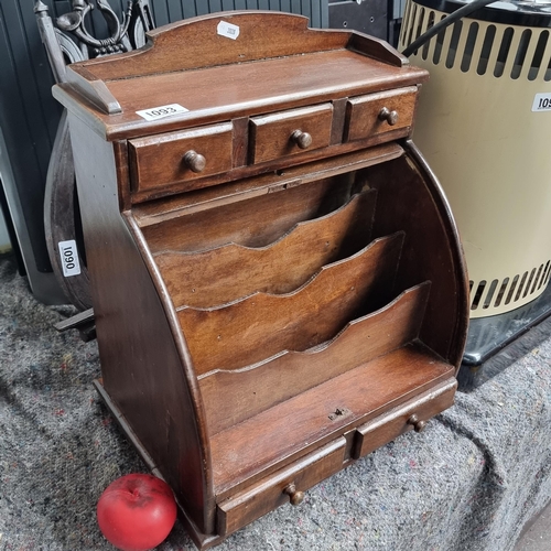 1093 - Star Lot : A wonderful vintage roll top stationary cabinet neatly sixed pull out drawers and three i... 