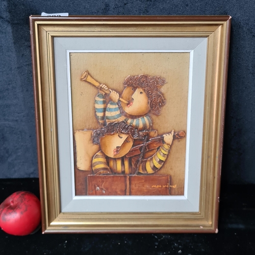 880 - A charming textured oil on board painting after Joyce Roybal. Features two children playing musical ... 