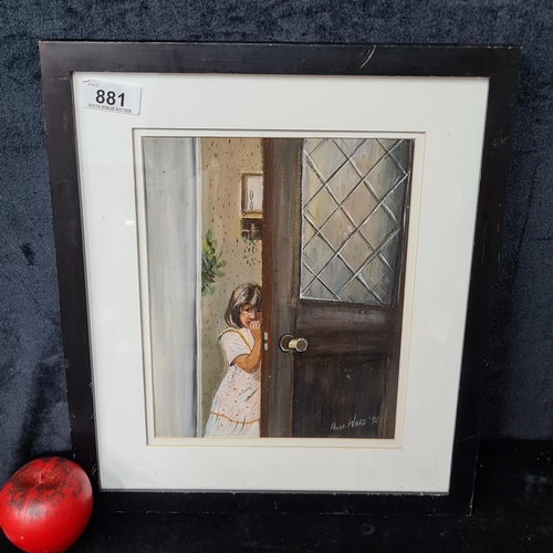 881 - An original oil on board painting featuring a shy young girl in doorway. Signed 'Anne Ward' bottom r... 