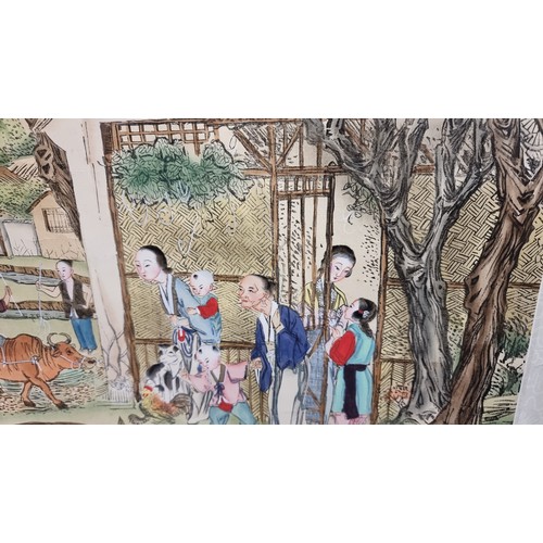 306 - A beautiful large oriental scene, gouache on handmade paper. Rolled up.