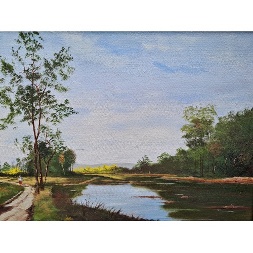 62 - Star Lot: An original George Ennis (Am. 1884-1936) Oil on canvas painting. Features a riverside land... 