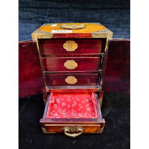 157 - Star Lot : A fabulous Antique Chinese jewellery box with a beautiful box with brass overlay and jade... 