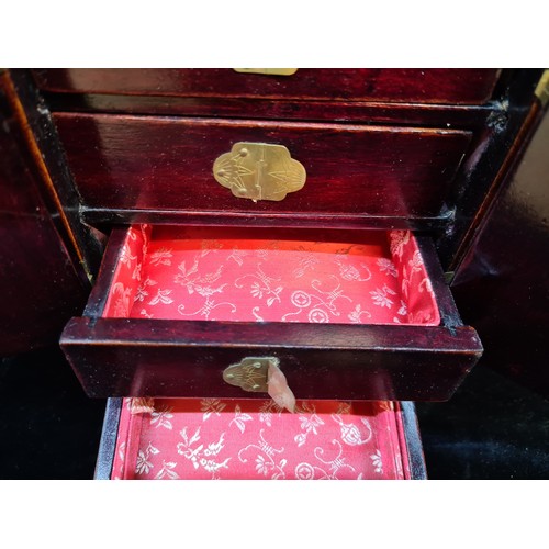 157 - Star Lot : A fabulous Antique Chinese jewellery box with a beautiful box with brass overlay and jade... 