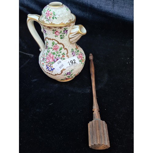 192 - A beautiful antique Hot Chocolate pot with wooden Moussoire / mixing rod. Features hand painted flor... 