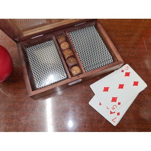 334 - A fantastic vintage glass fronted card games case with two card compartments and a further dice comp... 