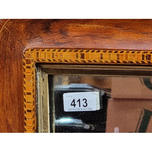 413 - A charming large Edwardian mantel mirror with gorgeous wood inlay surround detail. Ideal for an home... 