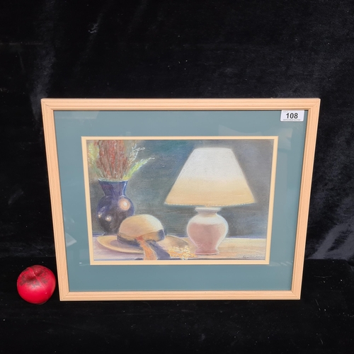 108 - A original chalk pastel on paper painting featuring a still life of lamp, flowers and straw hat. Sig... 