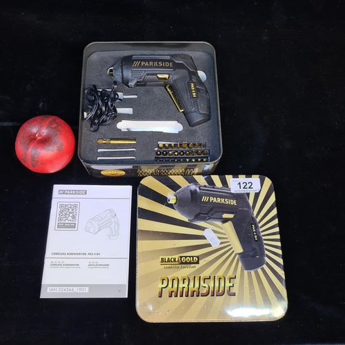 122 - A limited edition ParkSide black & gold cordless screwdriver model no. PAS 4 B4. Comes in original t... 