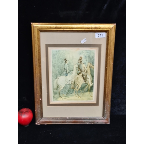 71 - A print of a watercolour painting. Features an equestrian hunting scene. Rendered in a green colour ... 