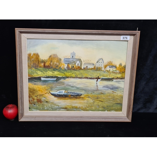 76 - A original oil on board painting featuring a riverside landscape scene with boats. Rendered in a ric... 