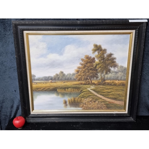 812 - A large original oil on canvas board painting featuring an impressive landscape with farmers collect... 