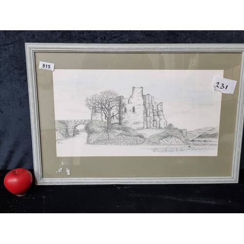 815 - A charming pencil on paper drawing of a castle ruin landscape. Initialed MC bottom left and dated 19... 