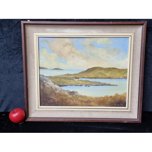 826 - An original oil on board painting features serene cottage coastal landscape scene with green pasture... 