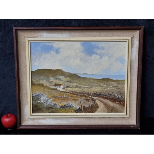 828 - An original oil on board painting features serene cottage coastal landscape scene with green pasture... 