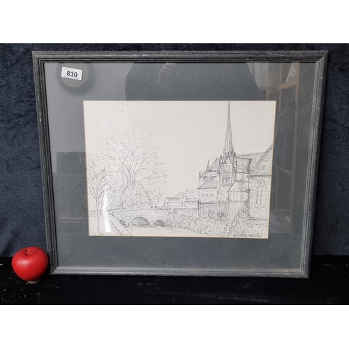 830 - An original ink on paper painting features a serene view by the church. Rendered in very delicate in... 