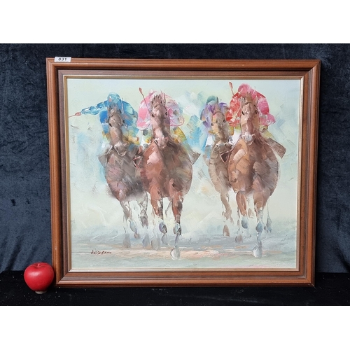 831 - A very large original oil on canvas painting featuring an expressive composition of racehorses rende... 